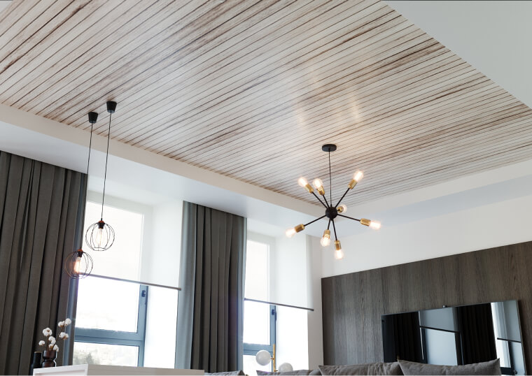 Двухуровневый бесщелевой потолок с фотопечатью дерево